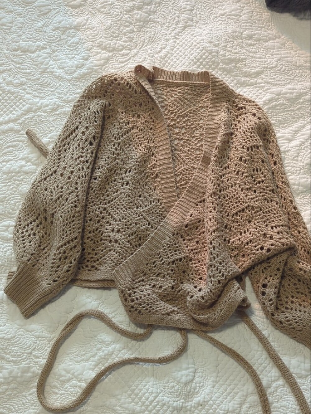 SHEIN Taupe Crochet Wrap Cardigan with Belt - Picture 2 of 3